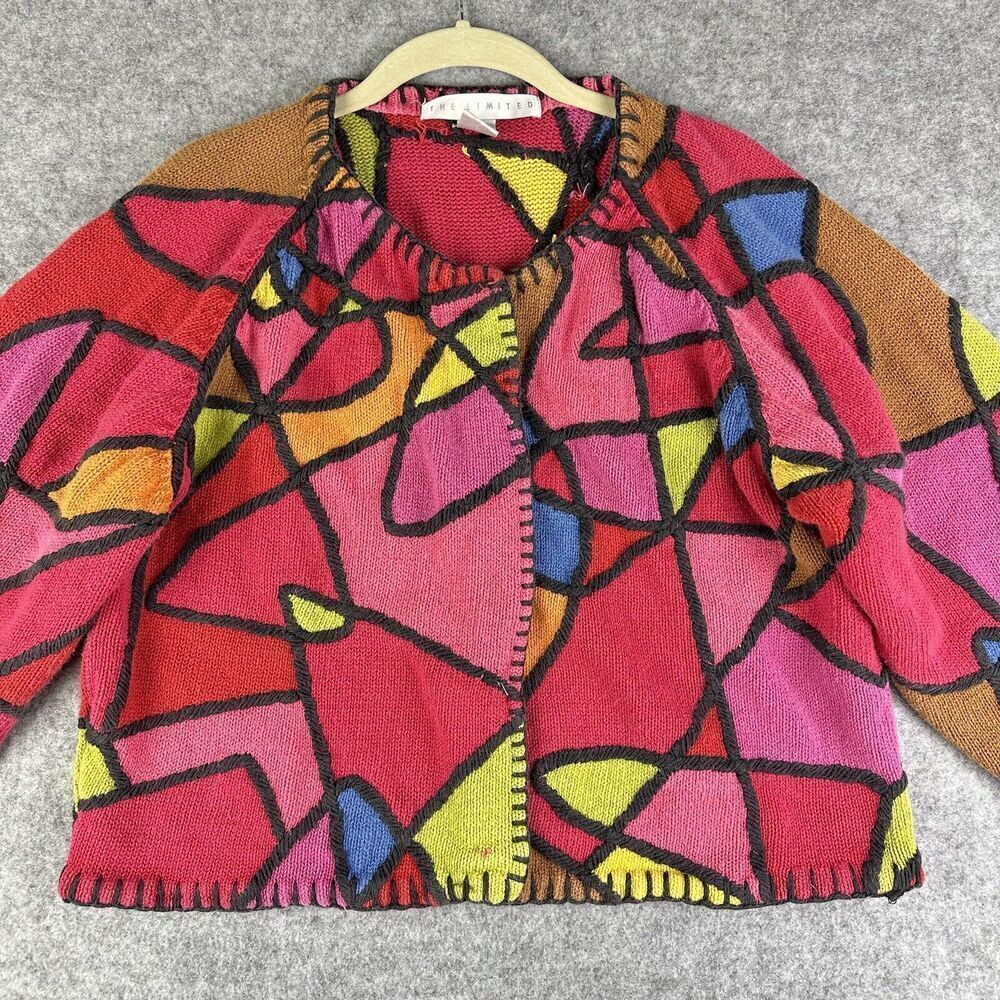 Vintage Cardigan Sweater Womens Small Petite Multicolor Long Sleeve Stain Glass*